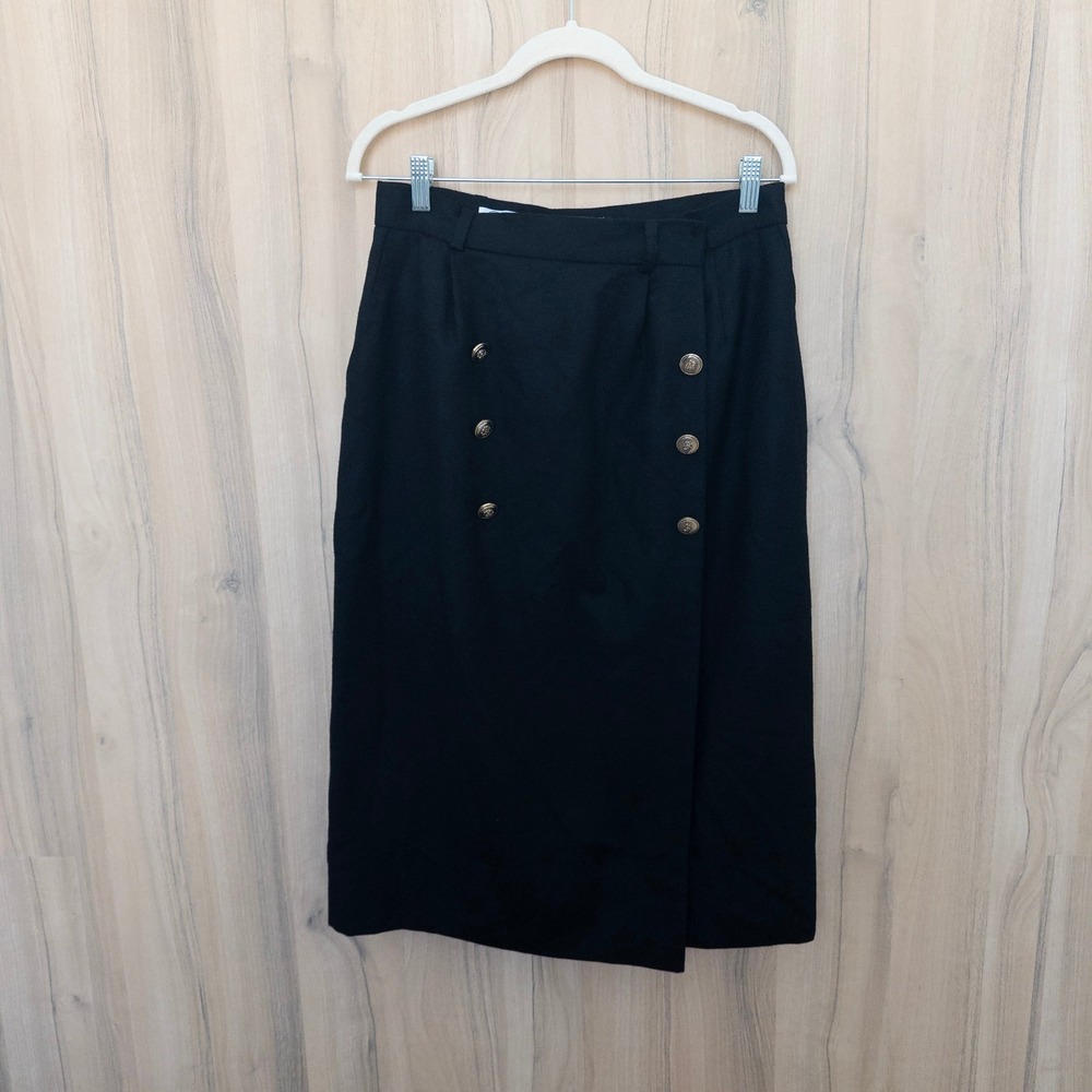 Vintage JH Collectibles Wool Midi Skirt 10 Black Gold Button Preppy Military